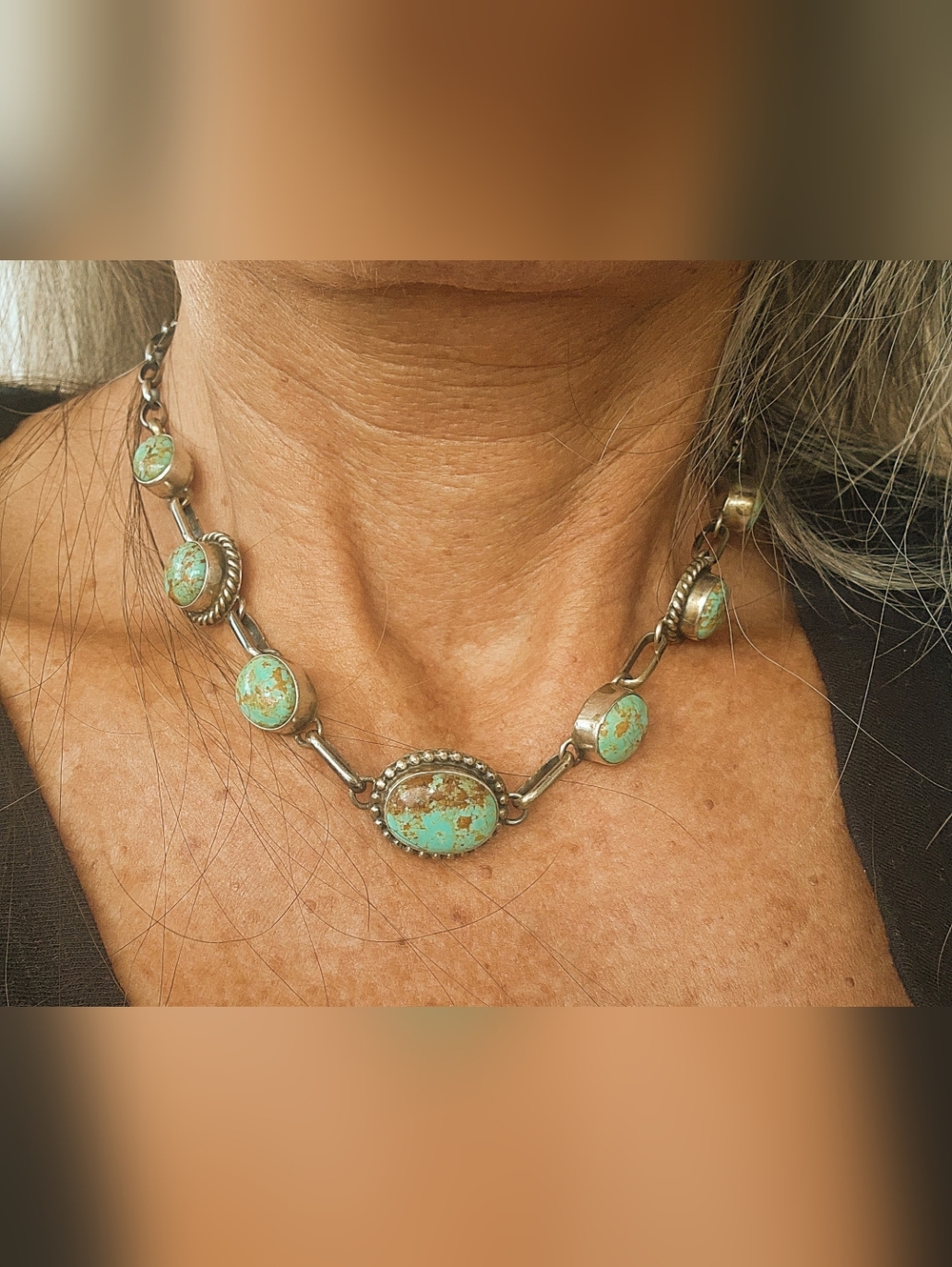 AUGUST LARGO Sterling Silver Turquoise Statement Necklace Or Chocker 15 1/2".